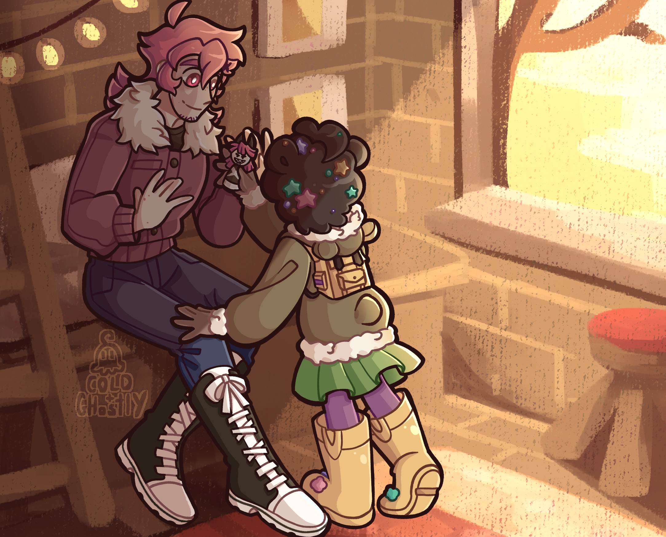 A drawing of Giovanni and Molly sat in Crusher's treehouse, Molly is handing Giovanni a tiny hand-made doll of his gargoyle costume.